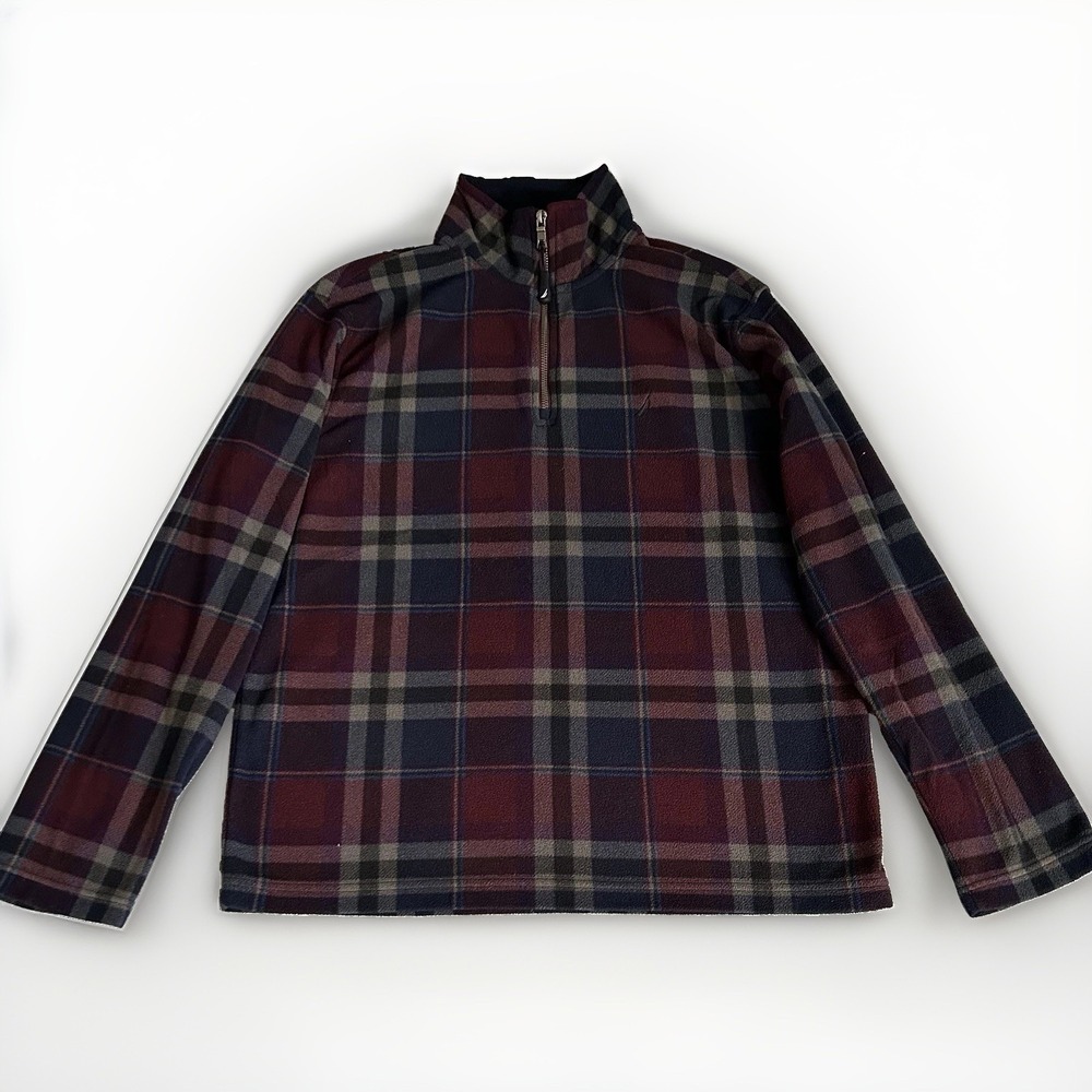 Nautica Plaid Quarterzip Pullover Mens M Burgundy Fleece Grandpacore Preppy